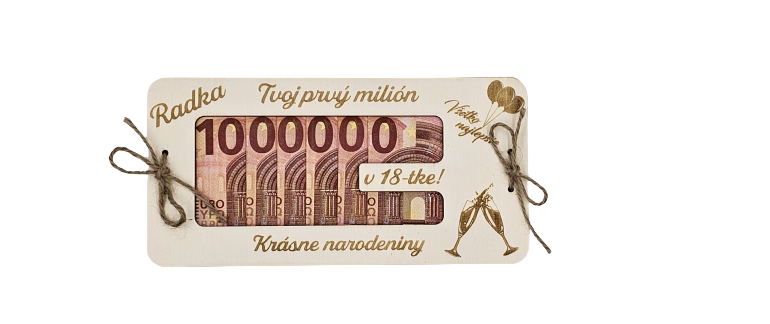 Drevená obálka na peniaze s gravírovaným nápisom Tvoj prvý milión