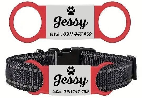 Silikónová známka na obojok s nerezovou platničkou, gravírovaným menom Jessy a telefónom
