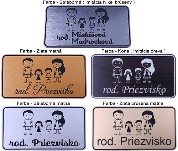 Menovky na dvere s gravírovanými postavičkami rodiny v piatich farebných dekóroch