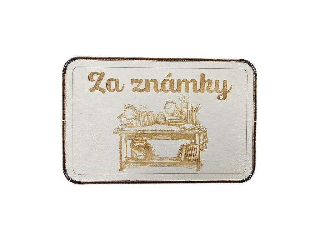 Drevená pokladnička s gravírovaným motívom Za známky