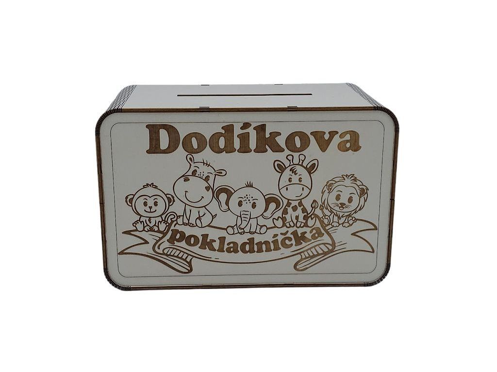 Drevená pokladnička s gravírovanými zvieratkami safari a menom dieťaťa