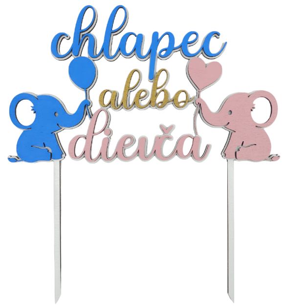 Drevený zápich na tortu s nápisom Chlapec alebo dievča so sloníkmi v modrej a ružovej farbe