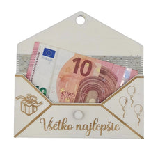 Otvorená drevená obálka s priehľadným priestorom na peniaze a prianie