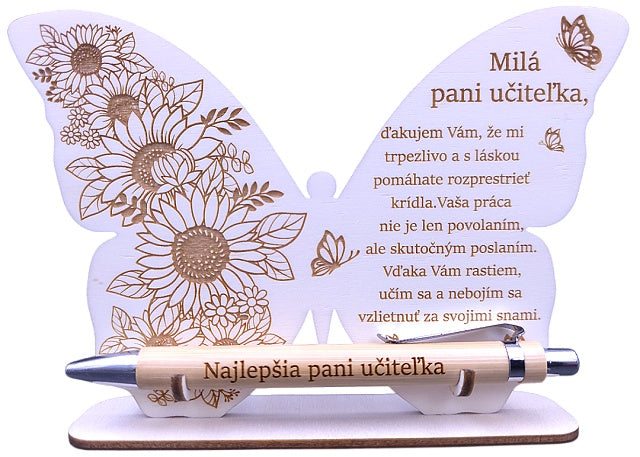 Drevený stojan na pero v tvare motýľa s hotovým venovaním a bambusovým perom